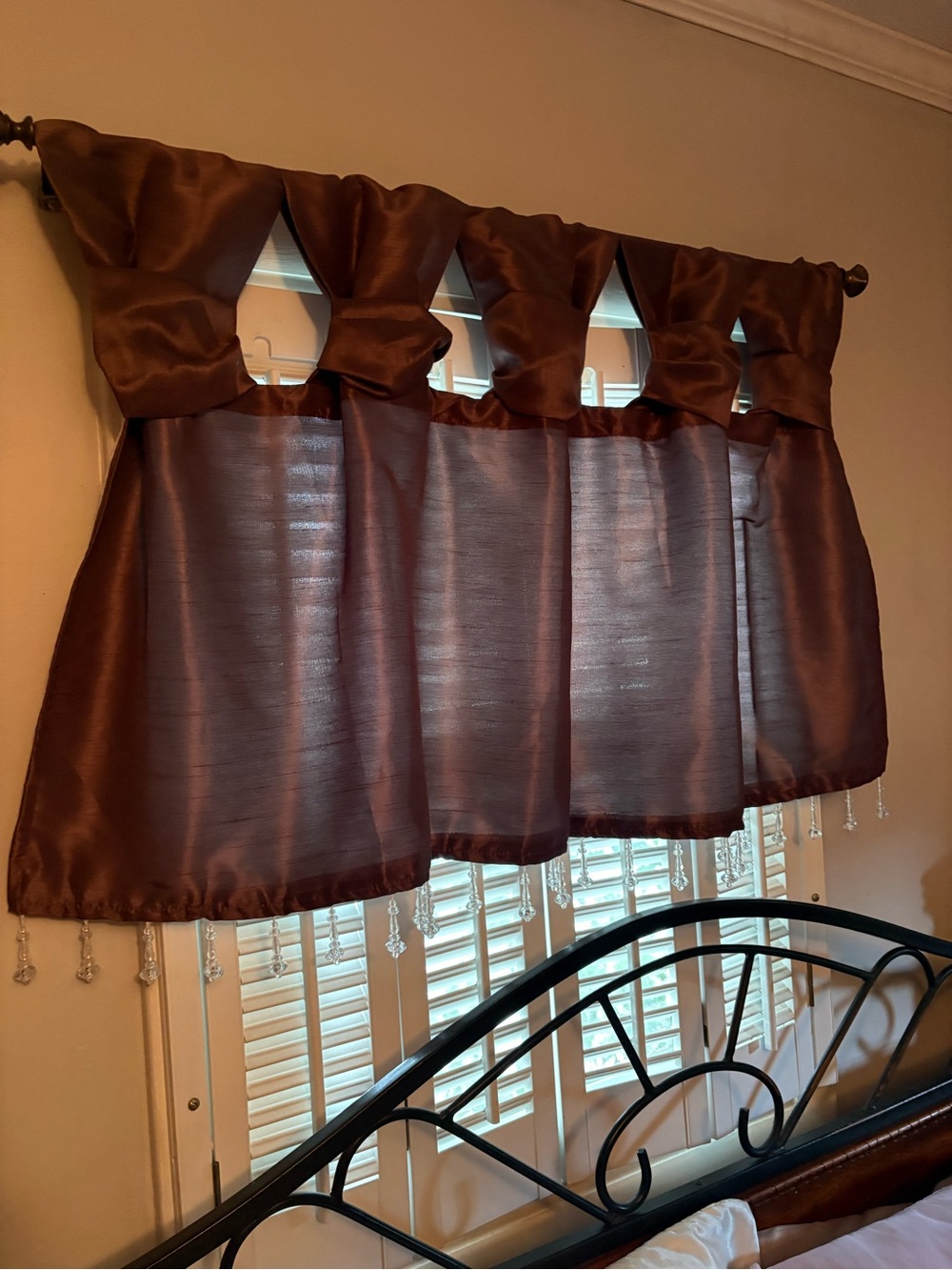 Window Valance Curtain (2) and 1 panel in Rich Plum with Beaded Trim